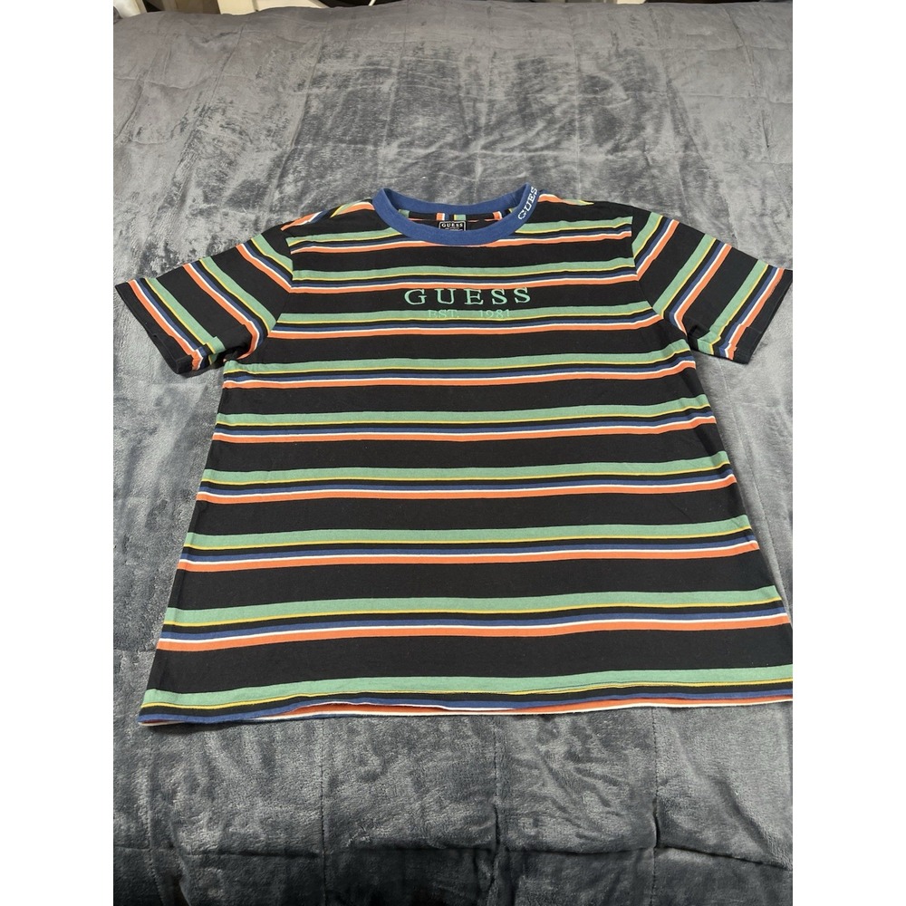 GUESS Stripe T-Shirt Short Sleeve Multi Striped Embroidery Logo 90s Y2K sz M